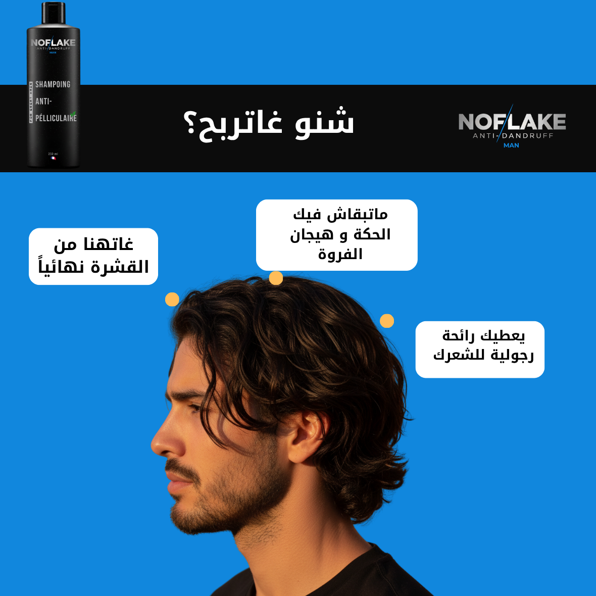Advertisement for NOFLAKE hair care product with a man's head and text on a blue background