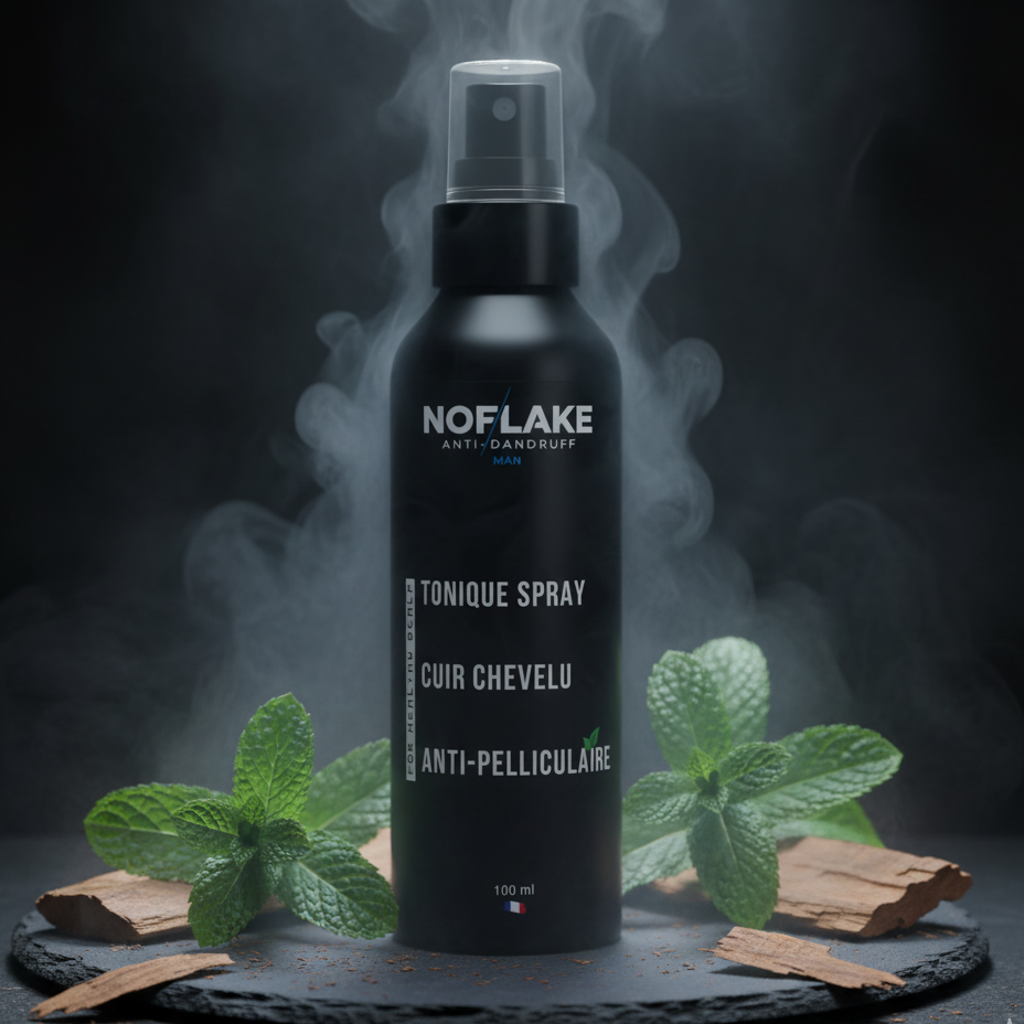 Black spray bottle labeled 'NOFLAKE' with mint leaves and smoke on a dark background
