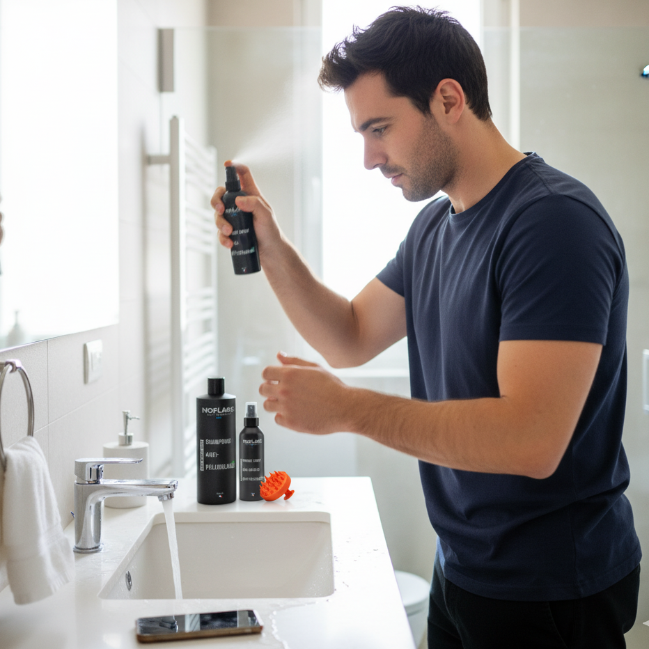 Man applying a product from a spray bottle in a bathroom.