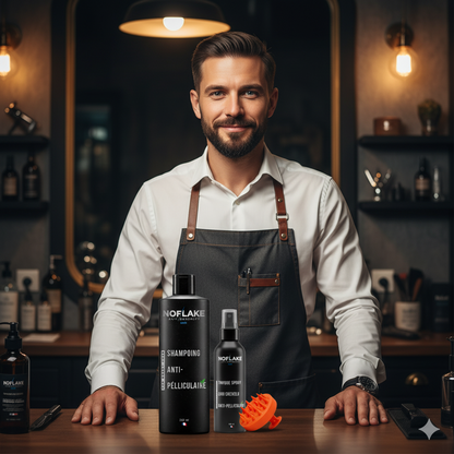 Barber in a professional setting with NoFlake hair care products on a counter.