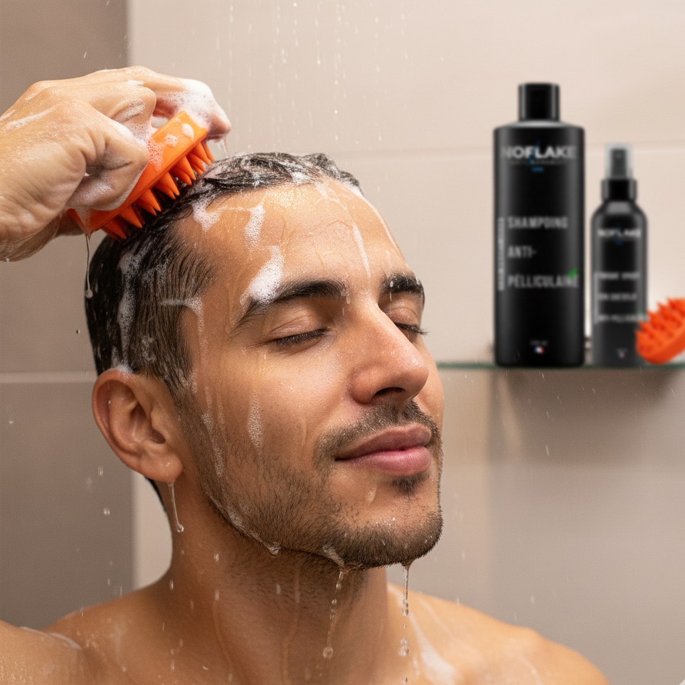 Man washing his hair with a brush and shampoo, with shampoo bottles in the background.