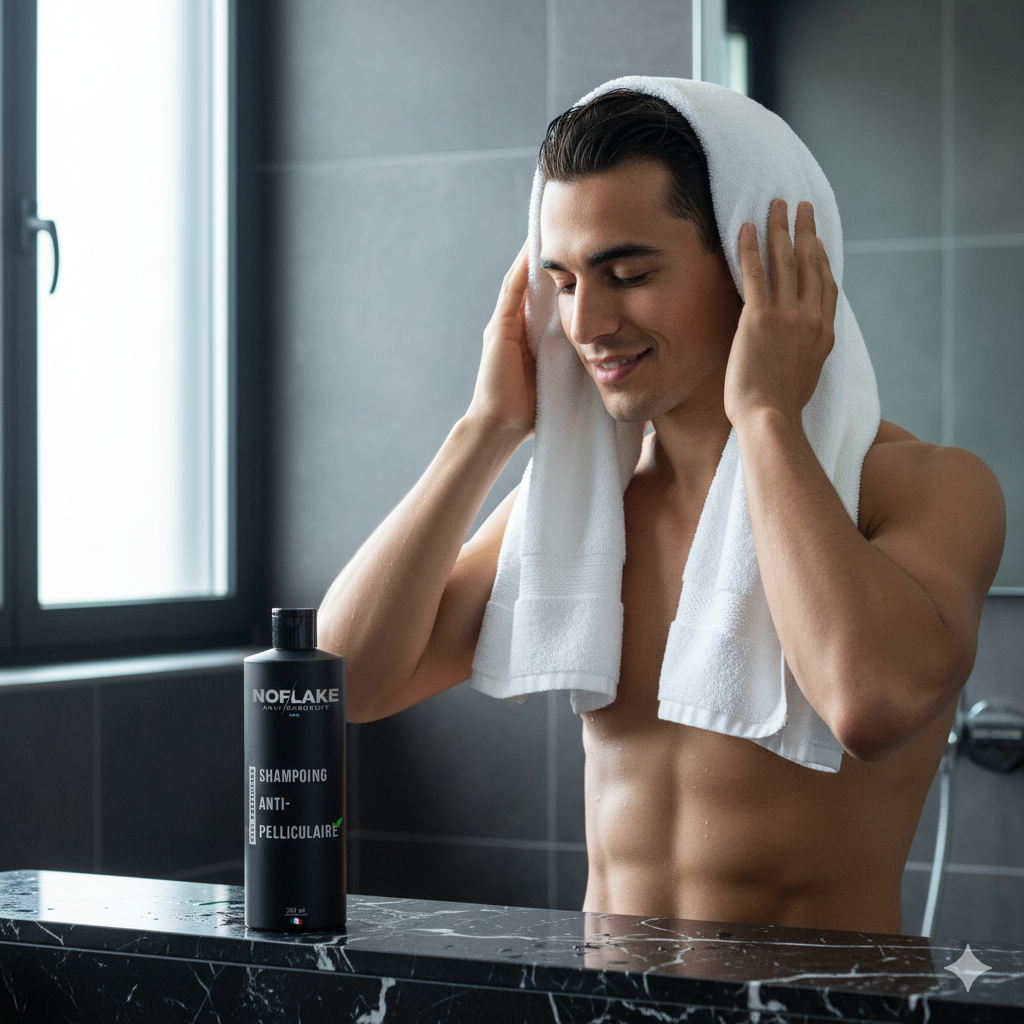 Man drying his hair with a towel in a bathroom, with a Norflake shampoo bottle on the counter.