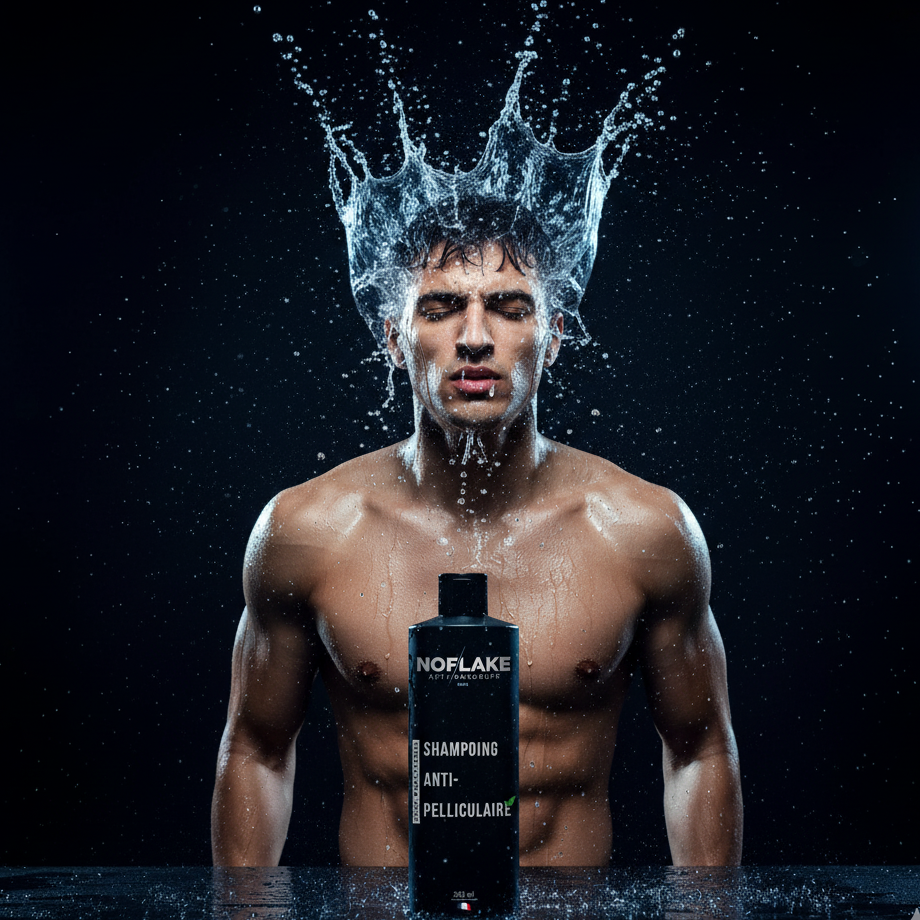 Man with water splashing from his head holding a bottle of NoFlake shampoo against a dark background
