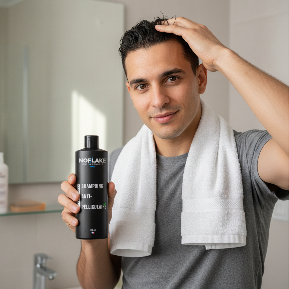 Man holding a bottle of NoFlake shampoo in a bathroom setting