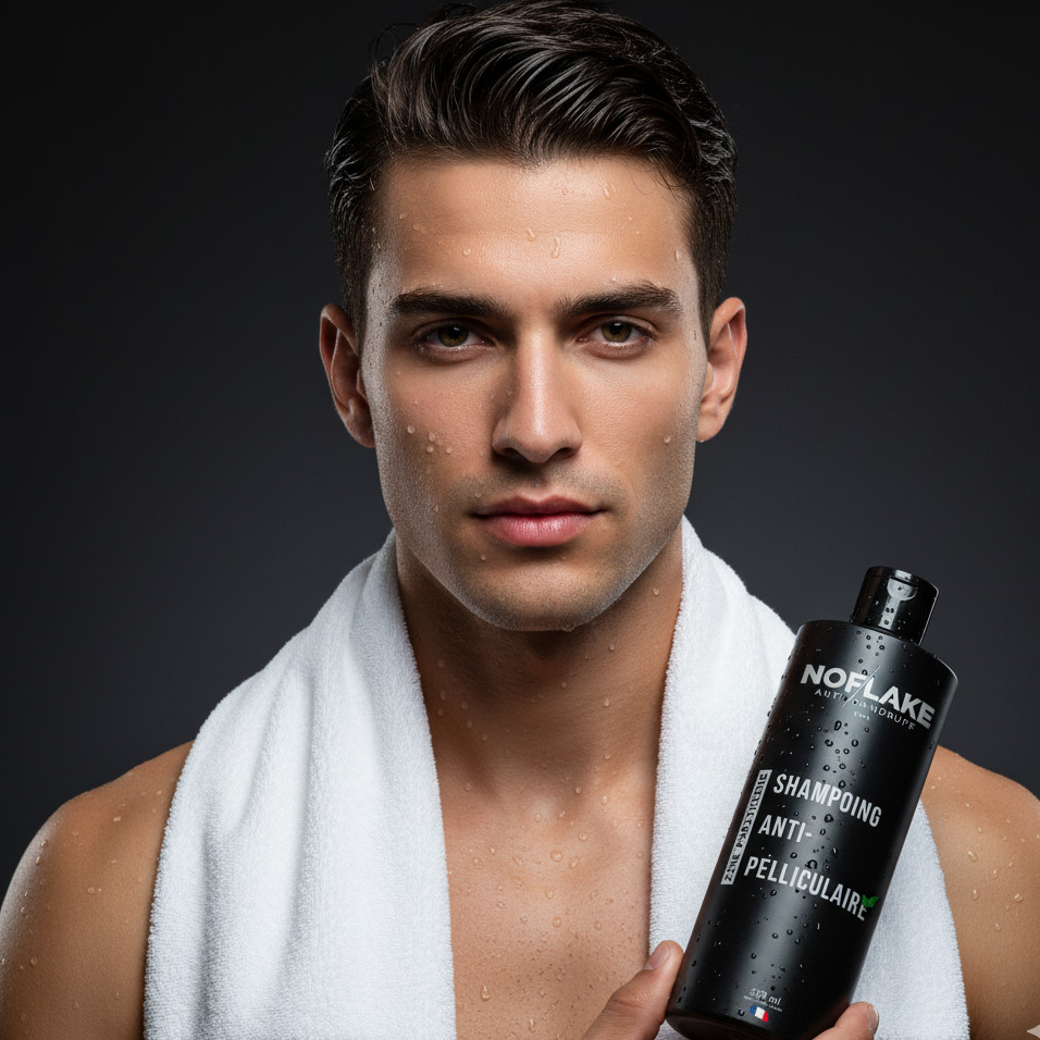 Man holding a bottle of NoFlake shampoo against a dark background